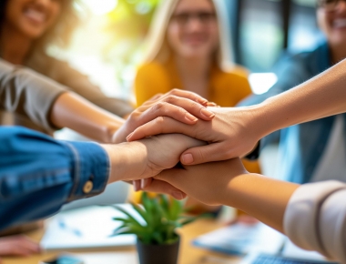 Mehrere Menschen legen die Hände übereinander als Zeichen für Teamwork und Zusammenhalt.