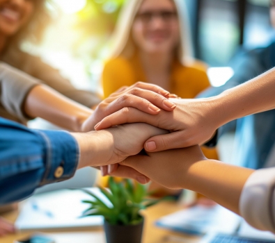 Mehrere Menschen legen die Hände übereinander als Zeichen für Teamwork und Zusammenhalt.